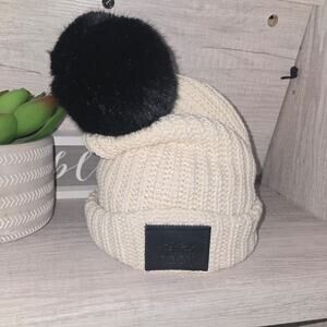 Love Your Melon Ivory/Black Furry Pom Winter Hat